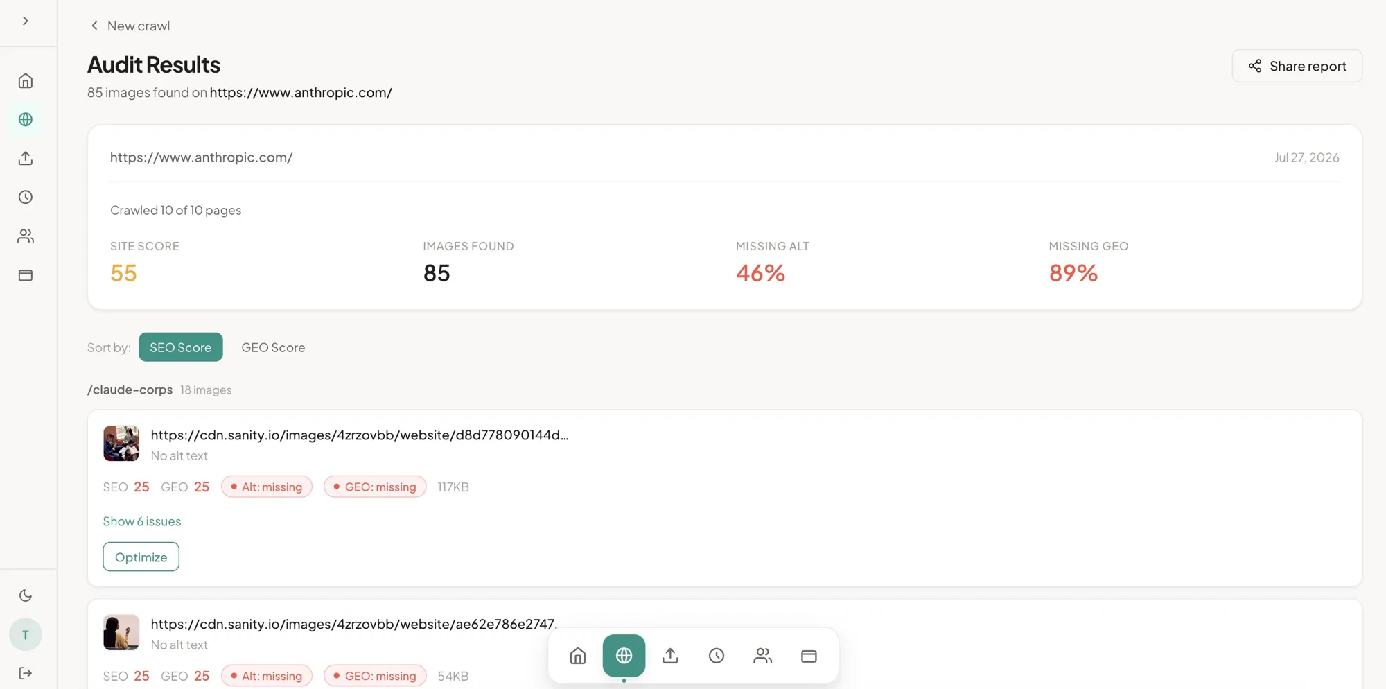 Vizibly image audit of anthropic.com: 55/100 site score across 85 images, with 46% missing alt text and 89% missing AI-readable context.