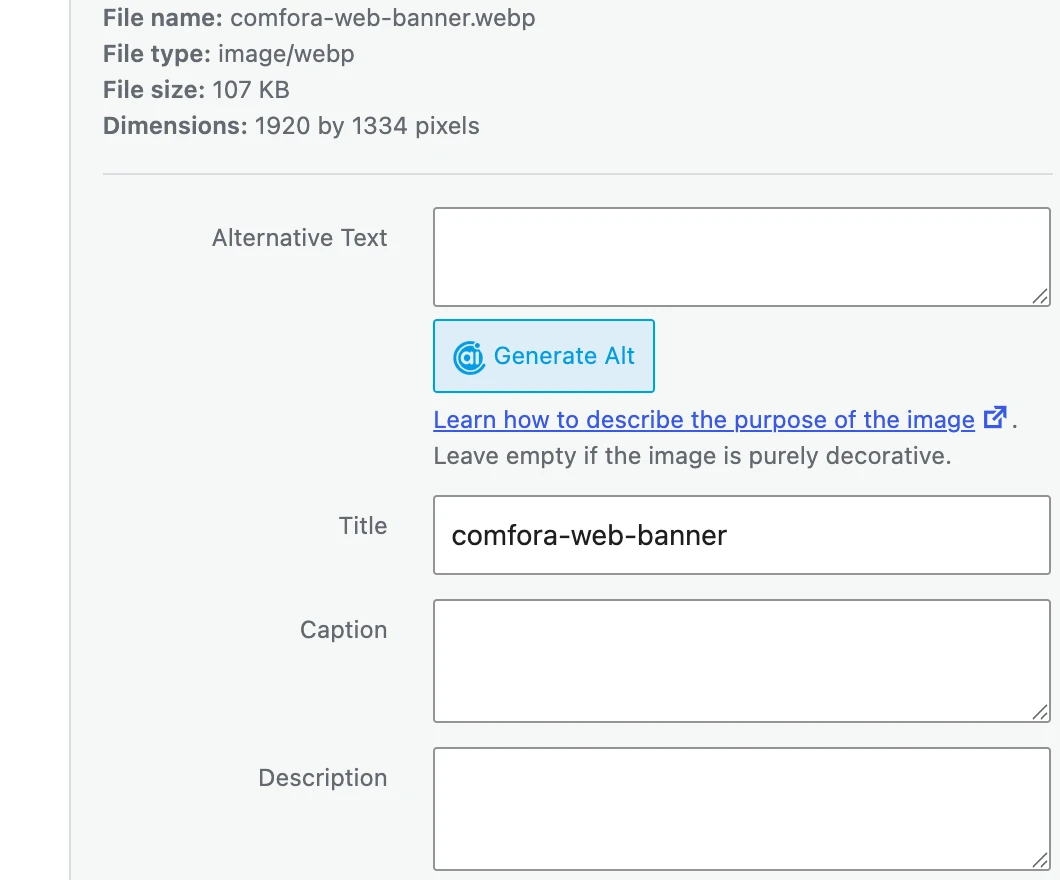 WordPress media details for comfora-web-banner.webp: a 107 KB WebP at 1920 by 1334 pixels, with the Alternative Text, Caption, and Description fields all empty.